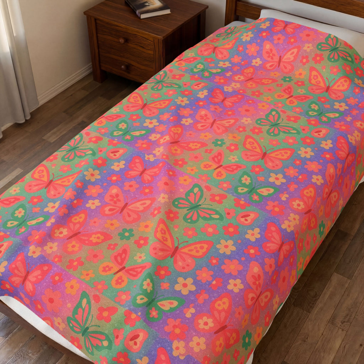 Butterfly Pattern Velveteen Plush Blanket | Pink Orange Floral Throw