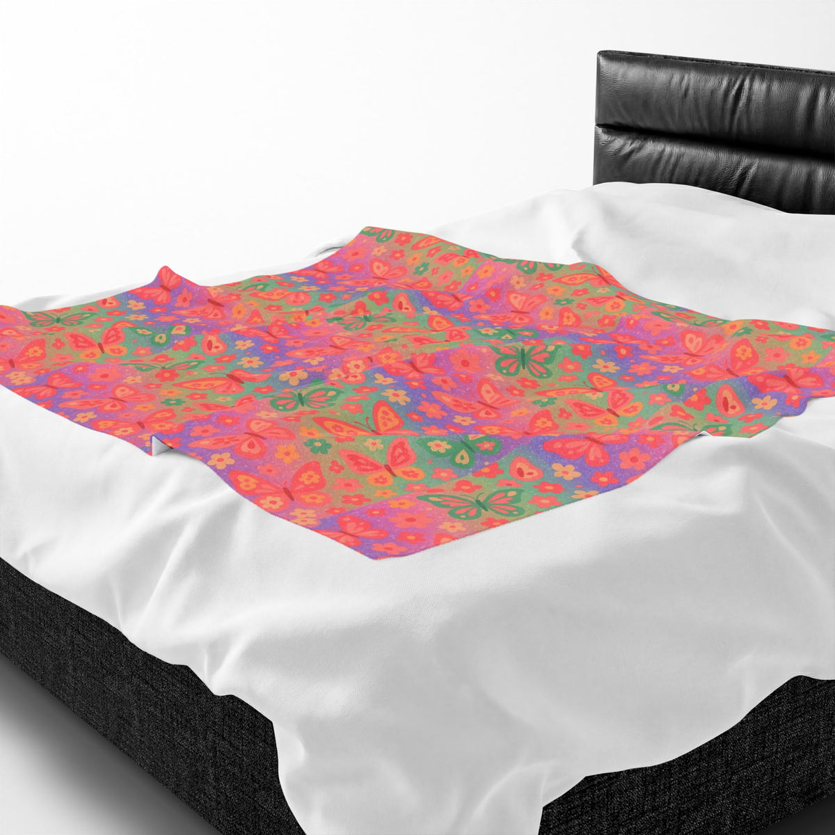 Butterfly Pattern Velveteen Plush Blanket | Pink Orange Floral Throw