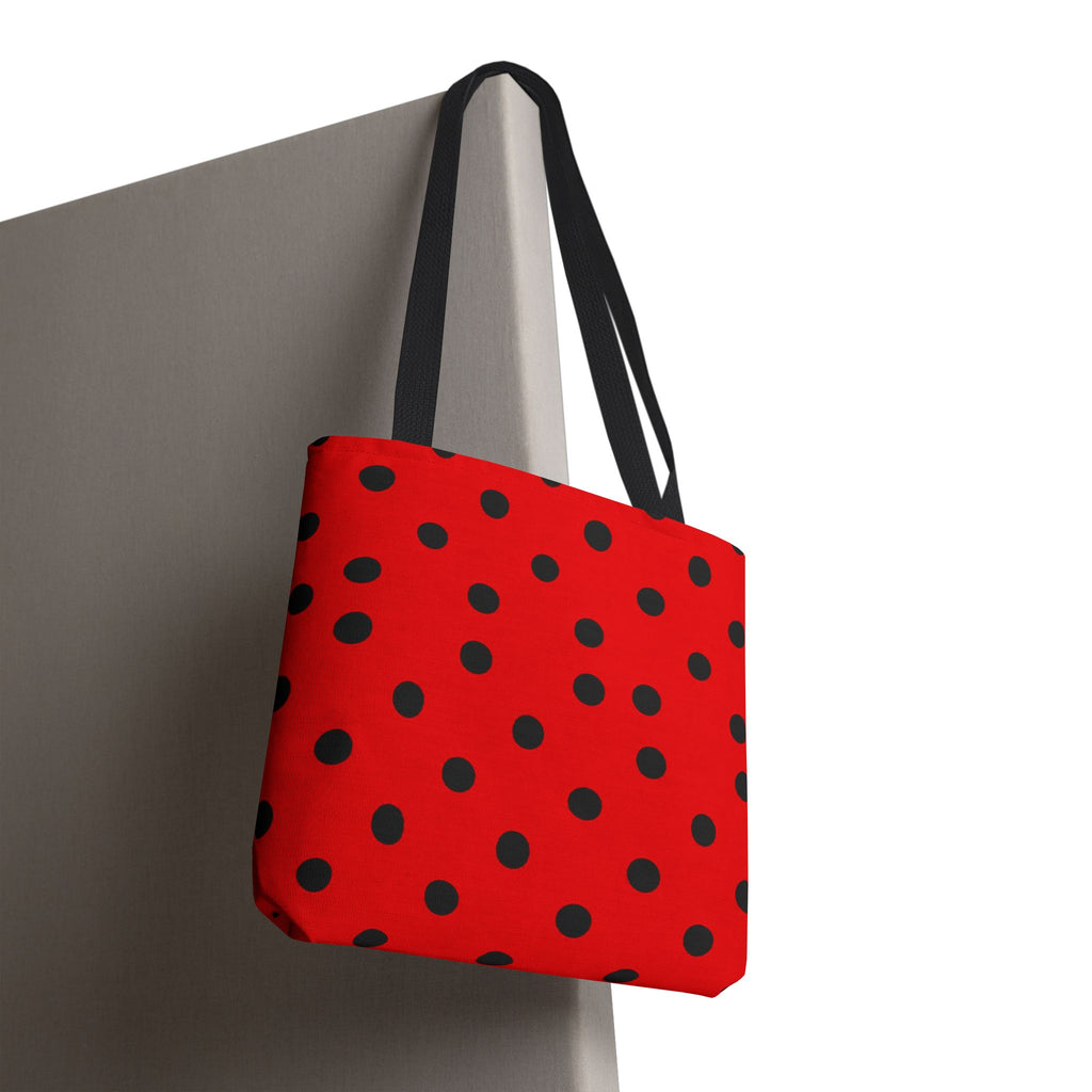 Black Polka Dot on Red Tote Bag