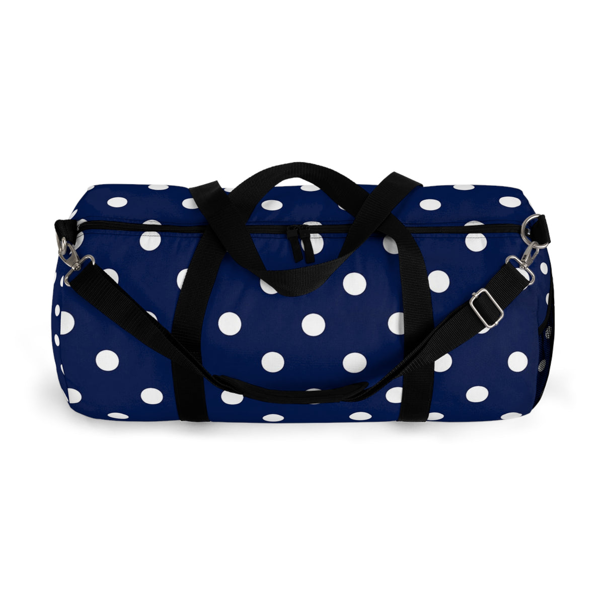Navy Polka Dot Duffel Bag — Stylish Travel & Gym Tote