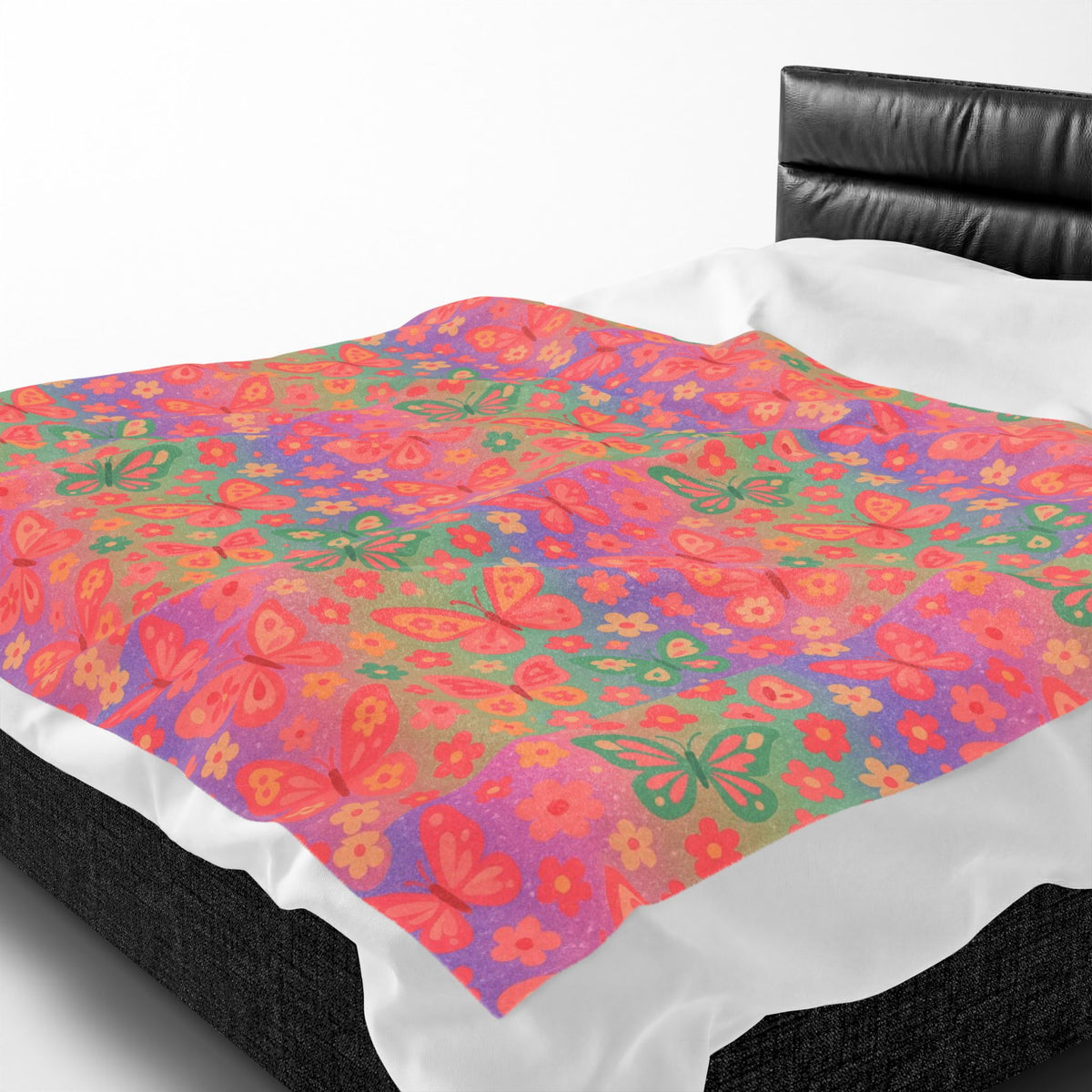 Butterfly Pattern Velveteen Plush Blanket | Pink Orange Floral Throw