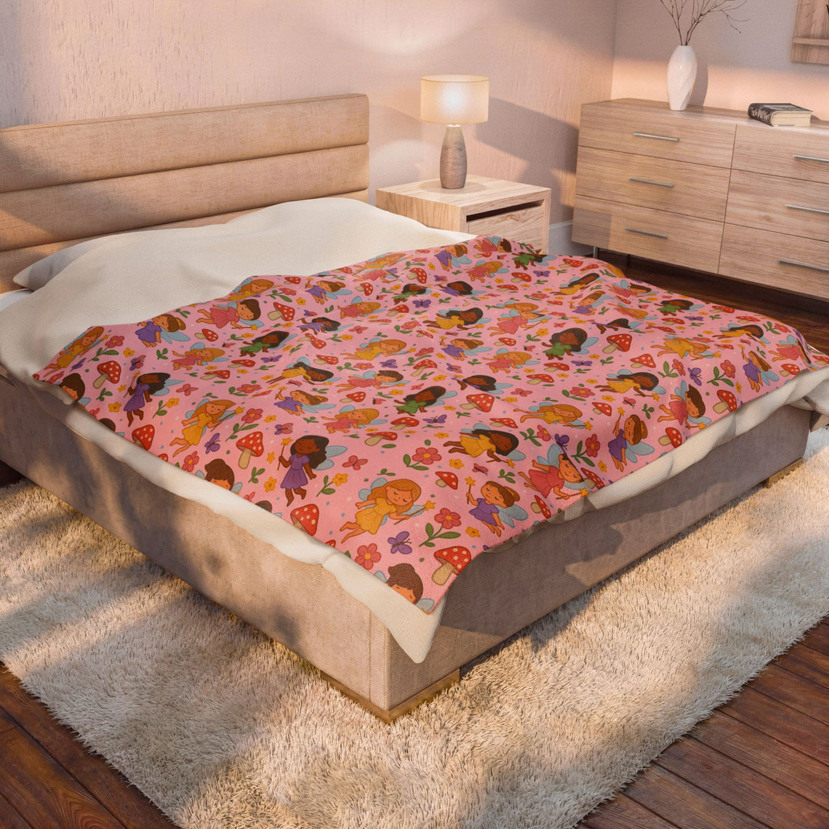 Diverse Girls Pattern Velveteen Plush Blanket | Cute Floral Hearts Print
