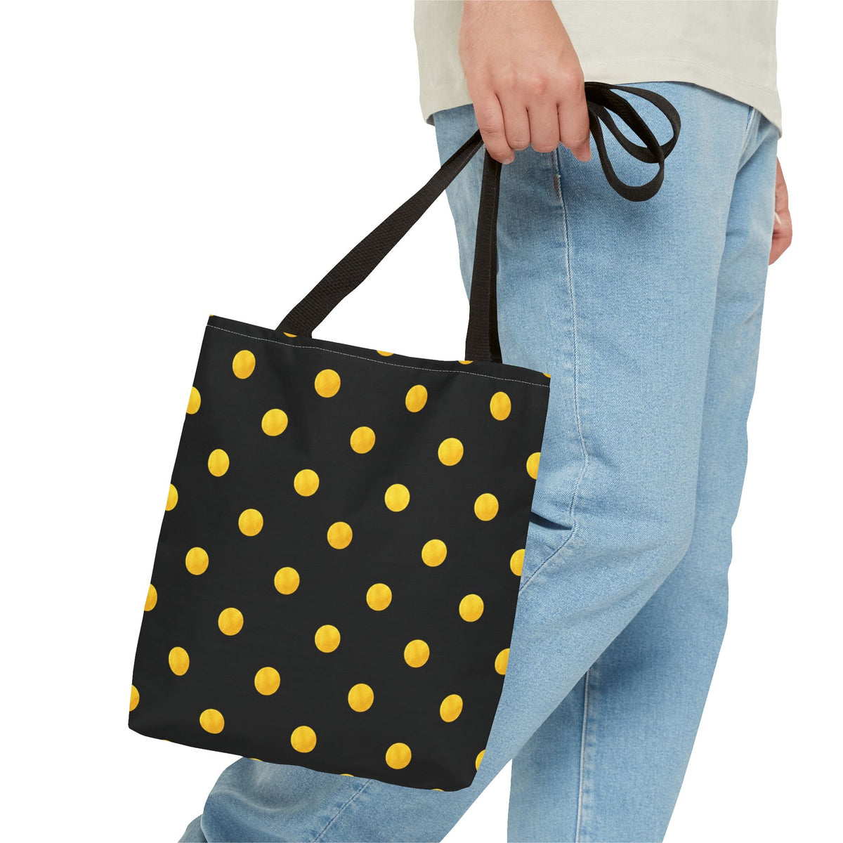 Gold Polka Dot Tote Bag | Black Background, Metallic Spot Pattern