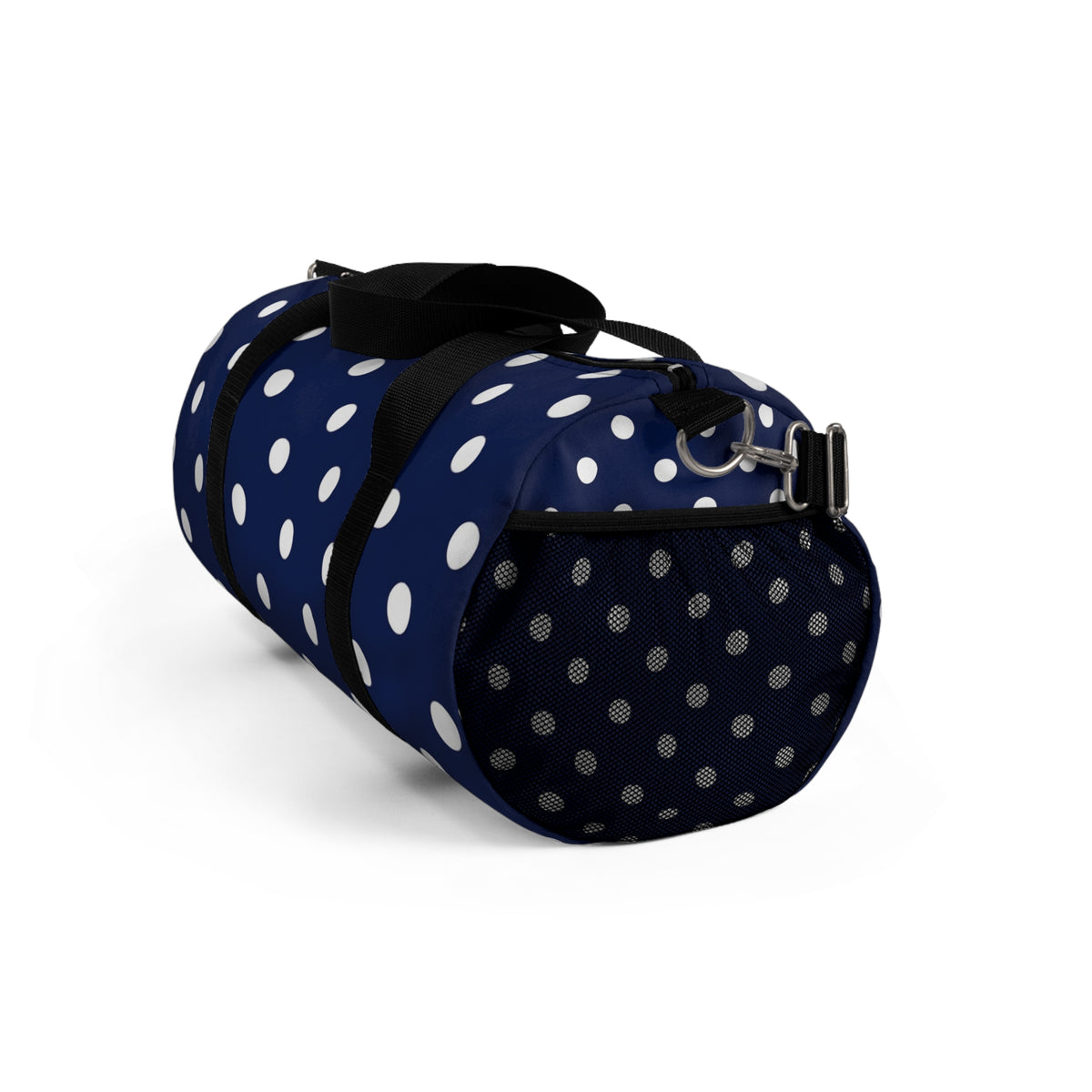 Navy Polka Dot Duffel Bag — Stylish Travel & Gym Tote