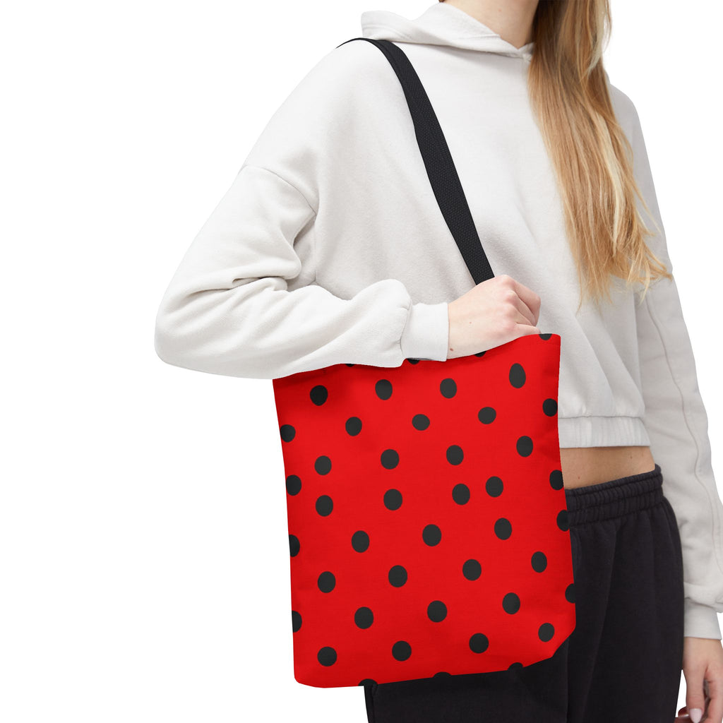 Black Polka Dot on Red Tote Bag