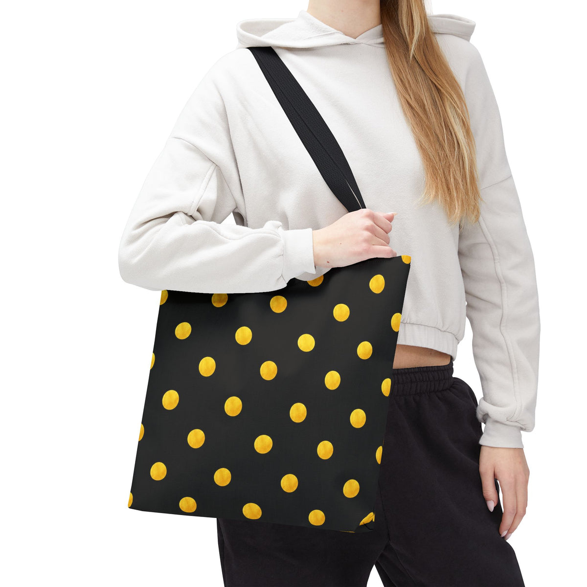 Gold Polka Dot Tote Bag | Black Background, Metallic Spot Pattern