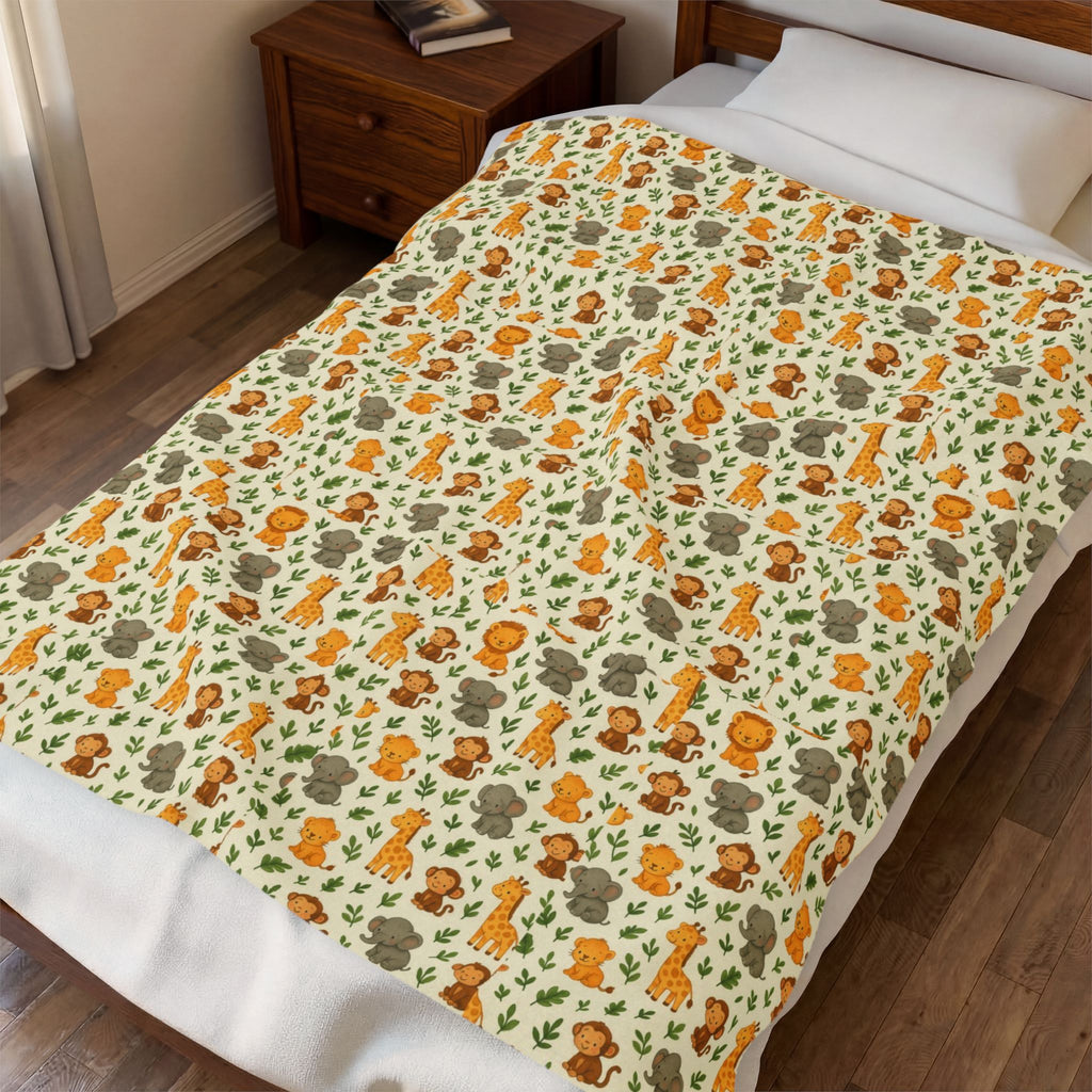 Autumn Woodland Animals Velveteen Plush Blanket | Fox & Mushroom Pattern