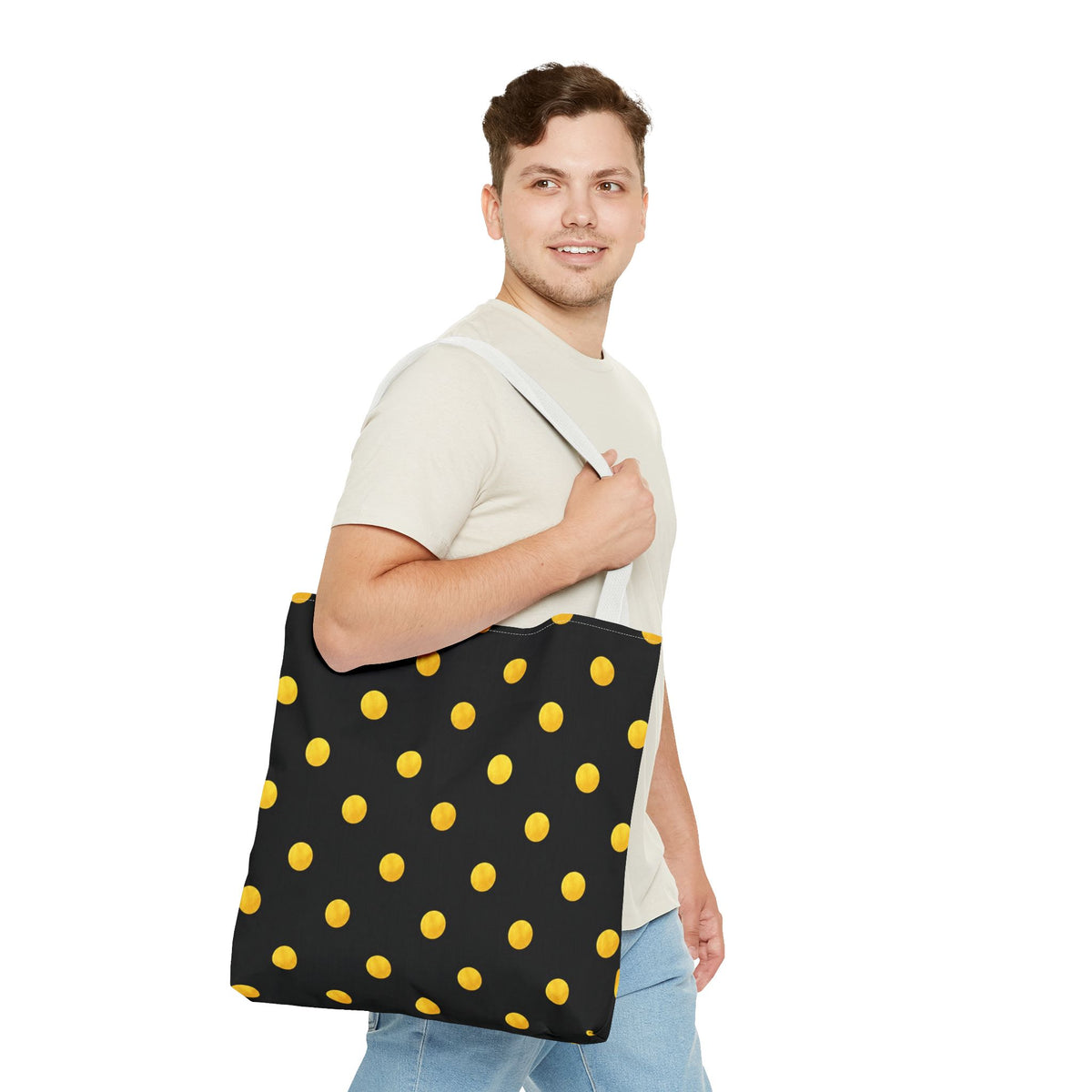 Gold Polka Dot Tote Bag | Black Background, Metallic Spot Pattern