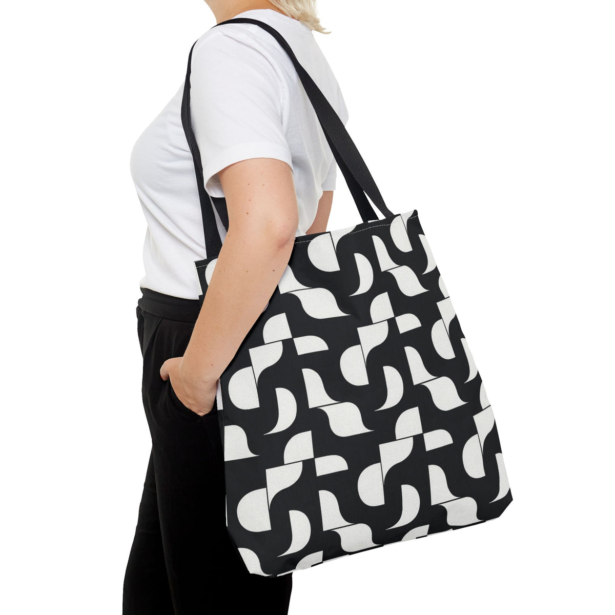 Monochrome Geometric Tote Bag, Black and White Patterned Shopping Bag, Stylish Shoulder Bag, Reusable Grocery Tote, Eco-Friendly Carryall,