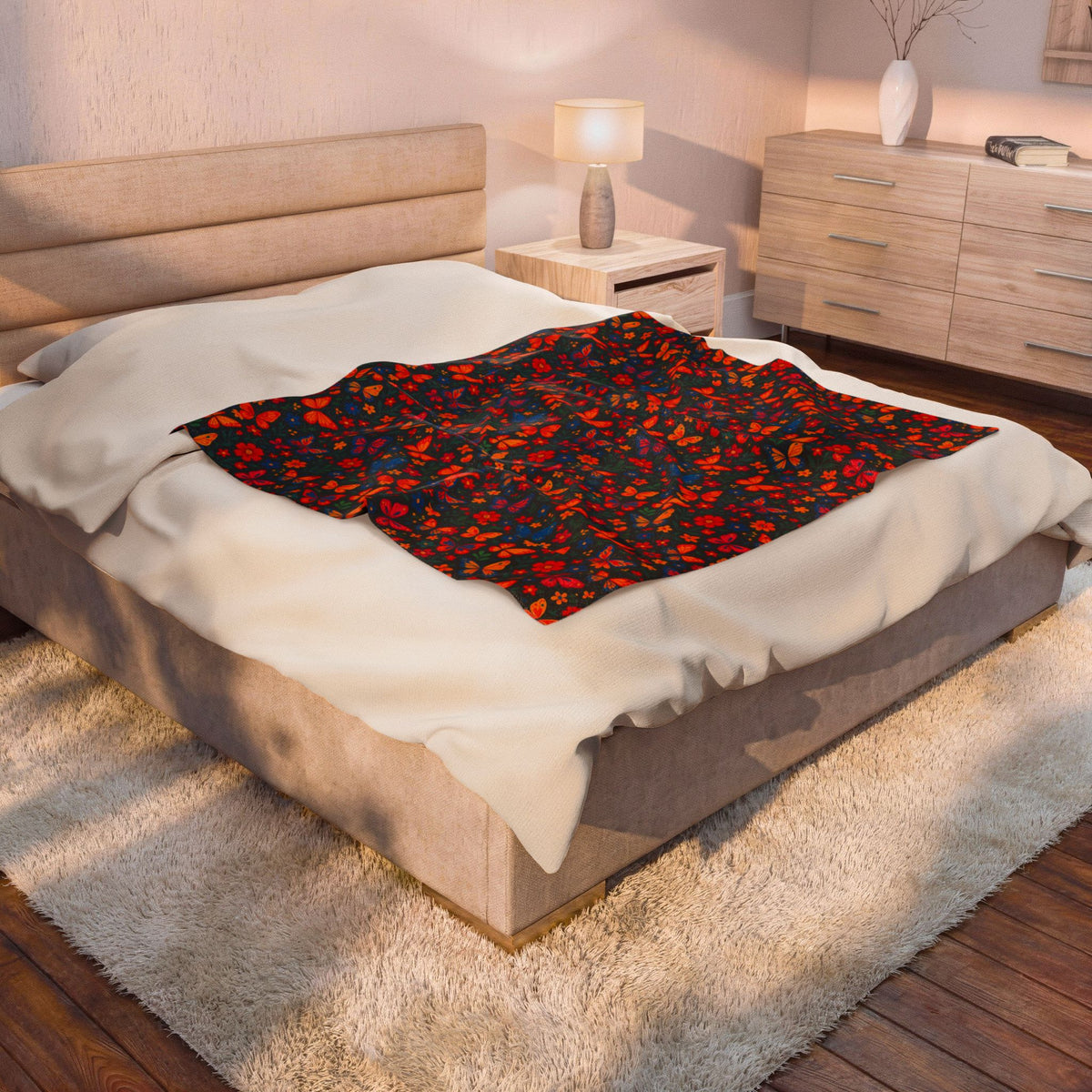 Autumn Butterflies Velveteen Plush Blanket | Fall Leaf Pattern, Cozy Throw Blanket, Fluttering Butterfly Bedding, Soft Autumn Lap Blanket,