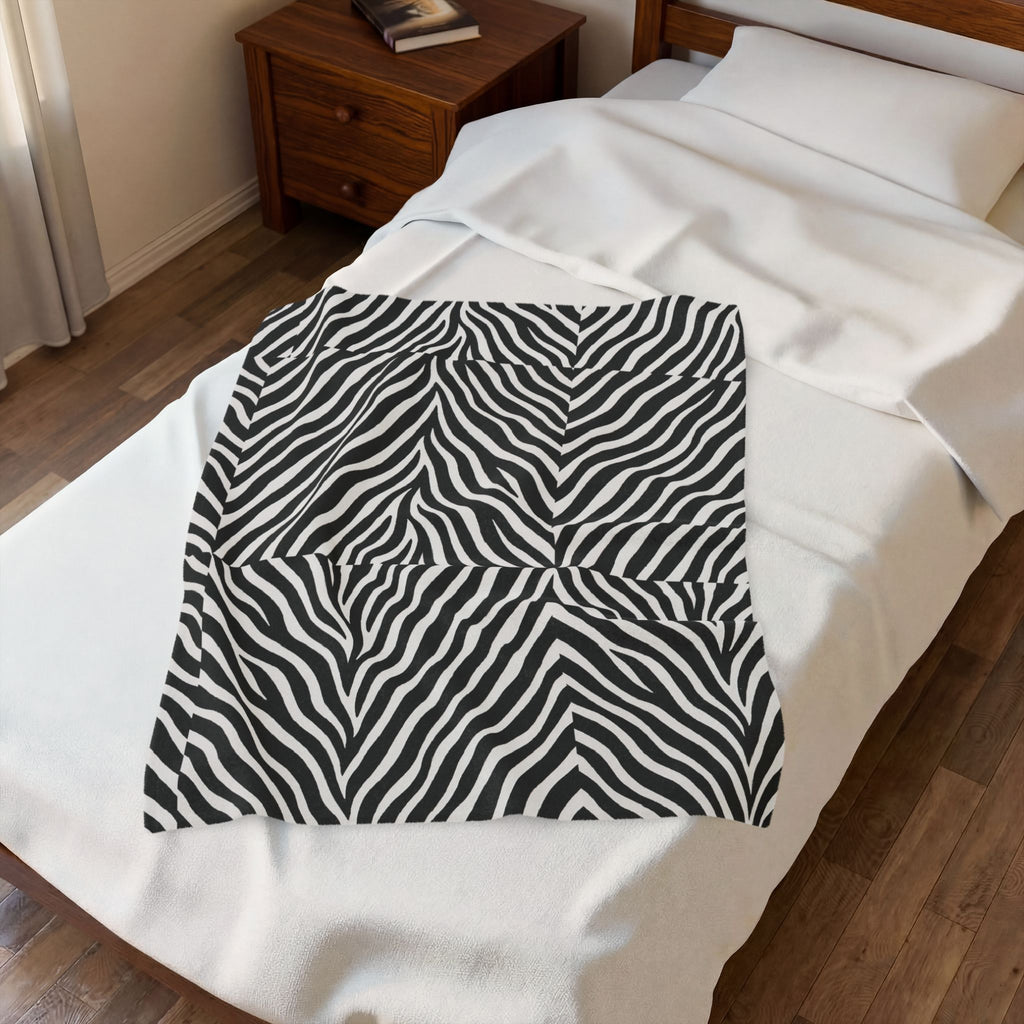 Zebra Stripe Pattern Velveteen Plush Blanket | Black White Animal Print