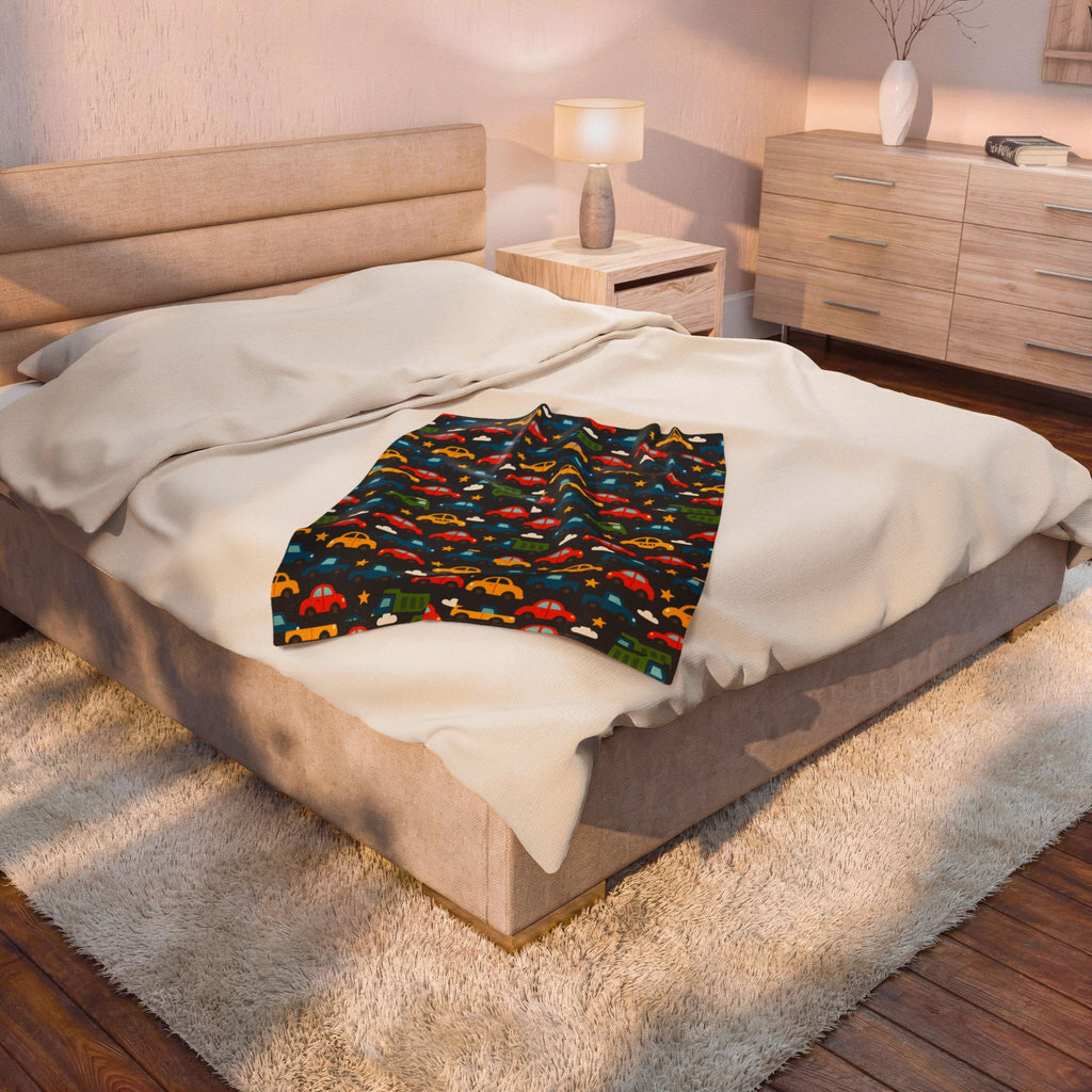 Colorful Cars Pattern Velveteen Plush Blanket | Kids Car Design, Cozy Throw