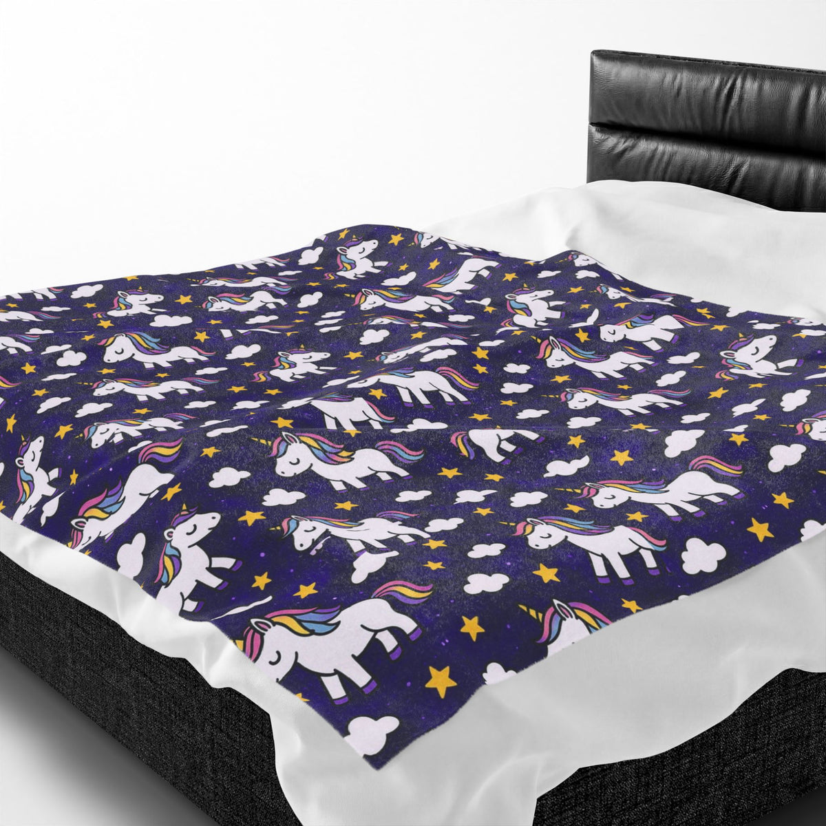 Cute Rainbow Unicorn Pattern Velveteen Plush Blanket | Navy Stars Clouds