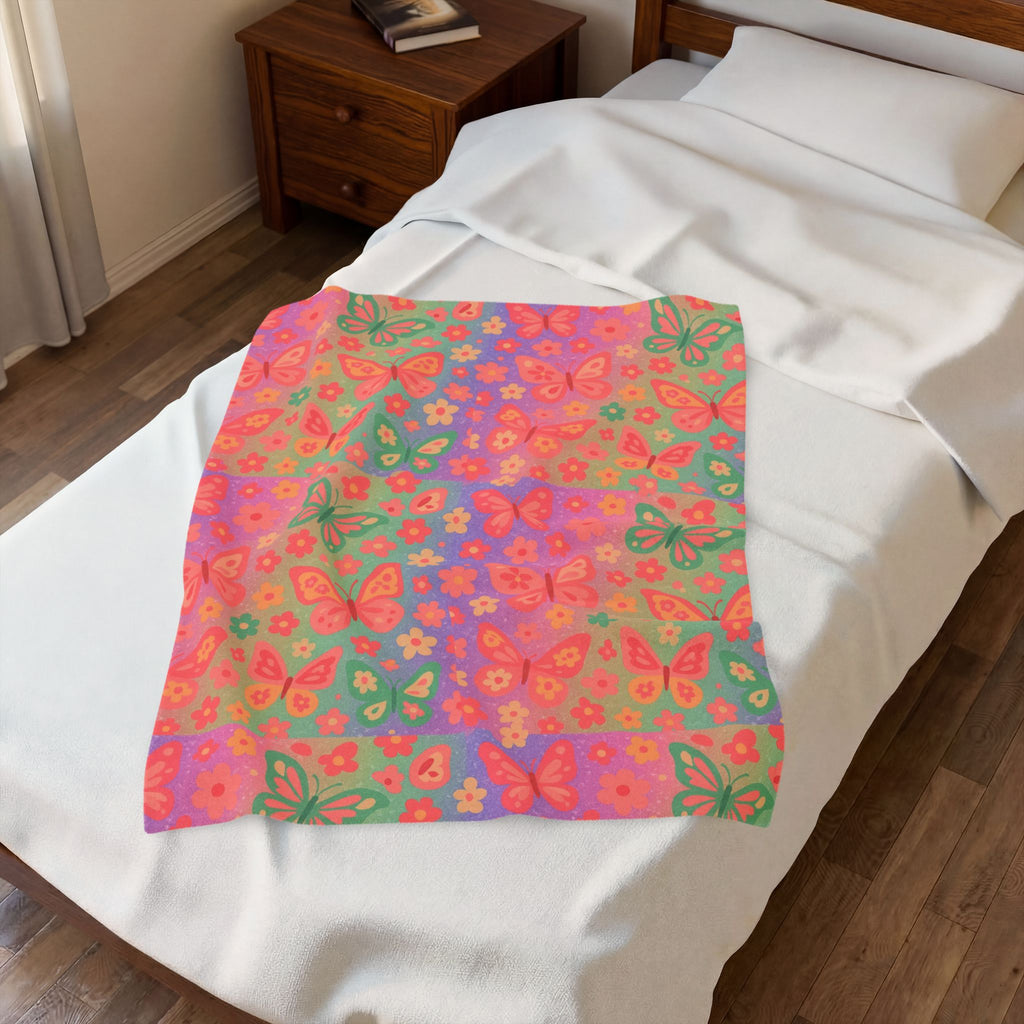 Butterfly Pattern Velveteen Plush Blanket | Pink Orange Floral Throw