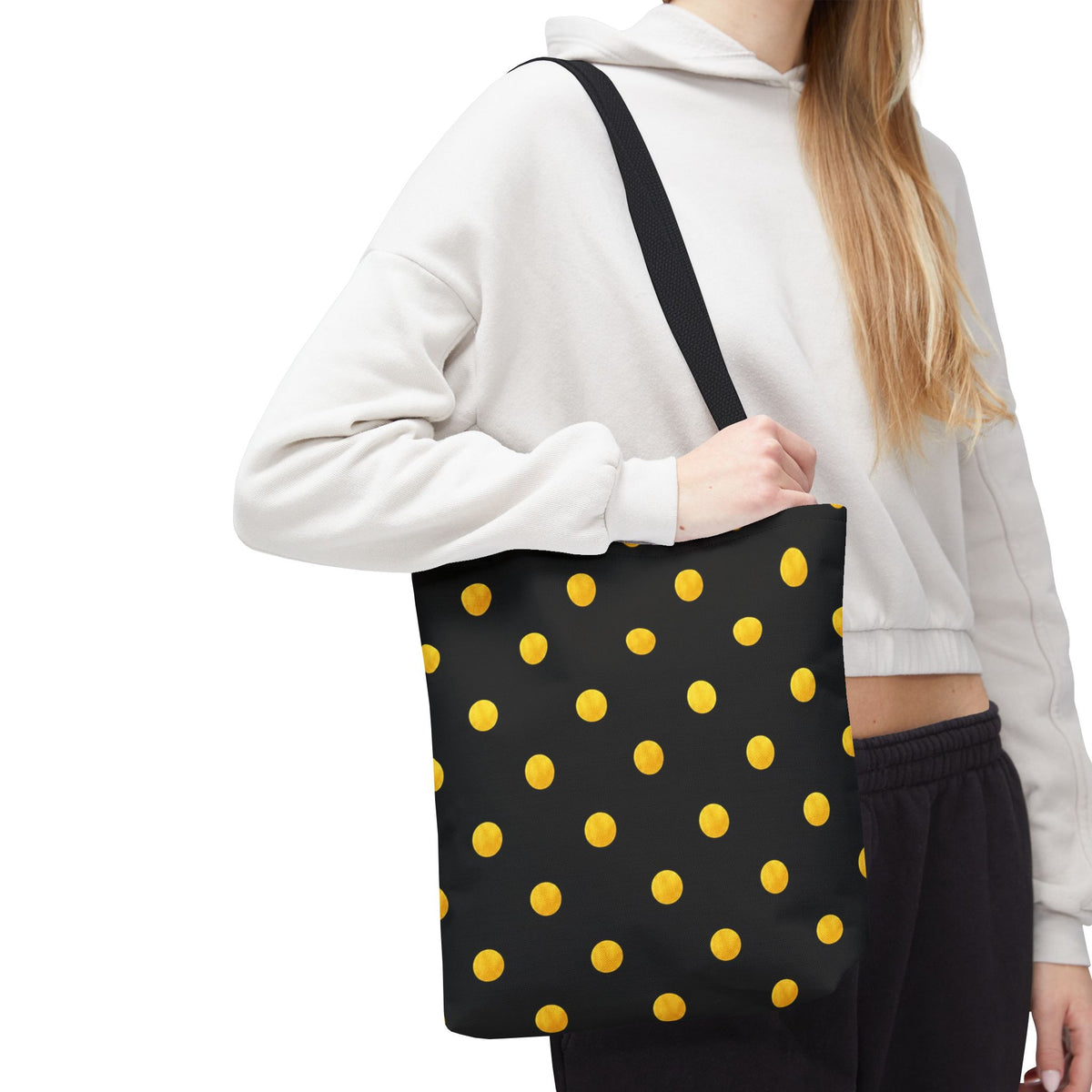 Gold Polka Dot Tote Bag | Black Background, Metallic Spot Pattern