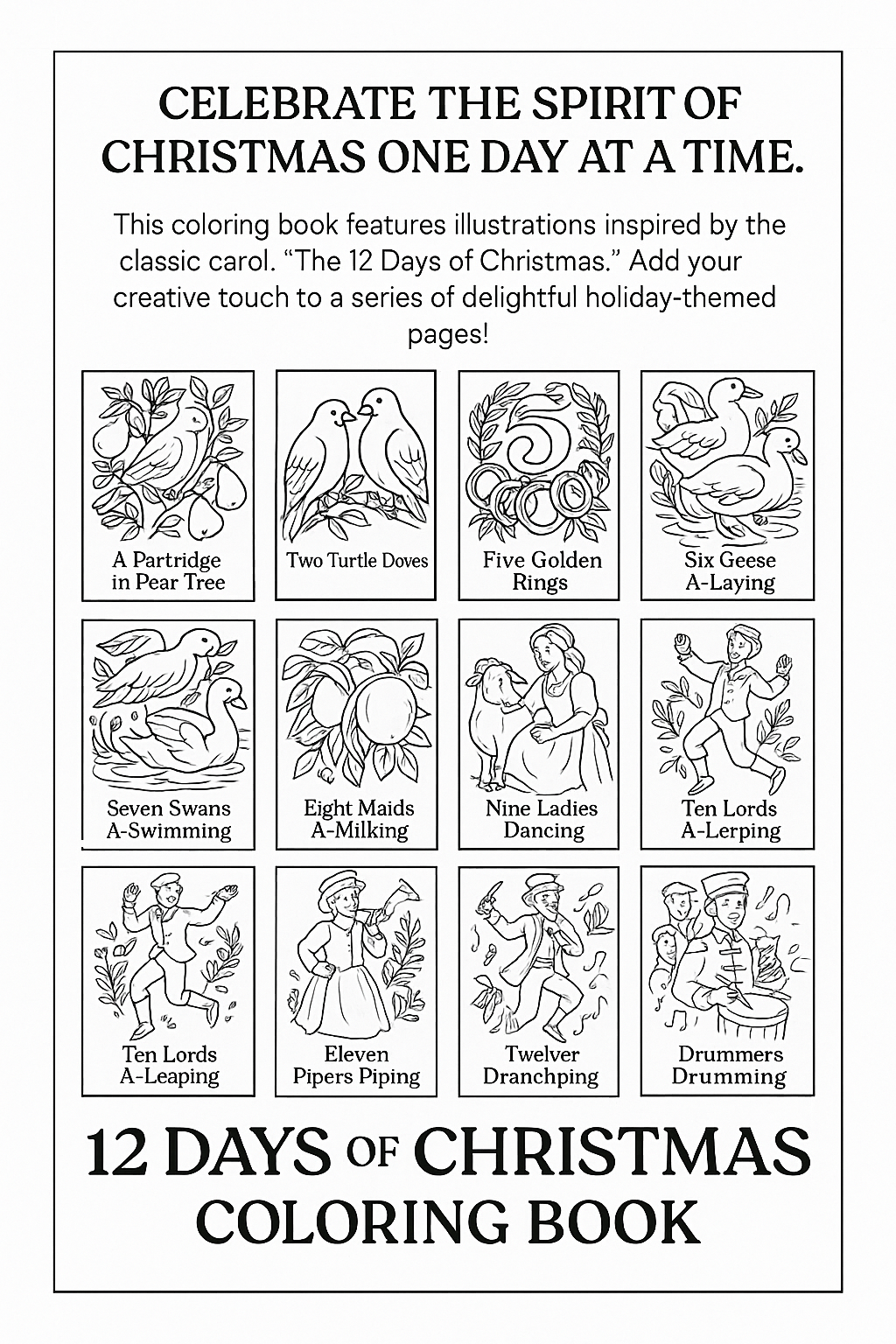 12 Days of Christmas Coloring Book, Holiday Activity (Digital Download)
