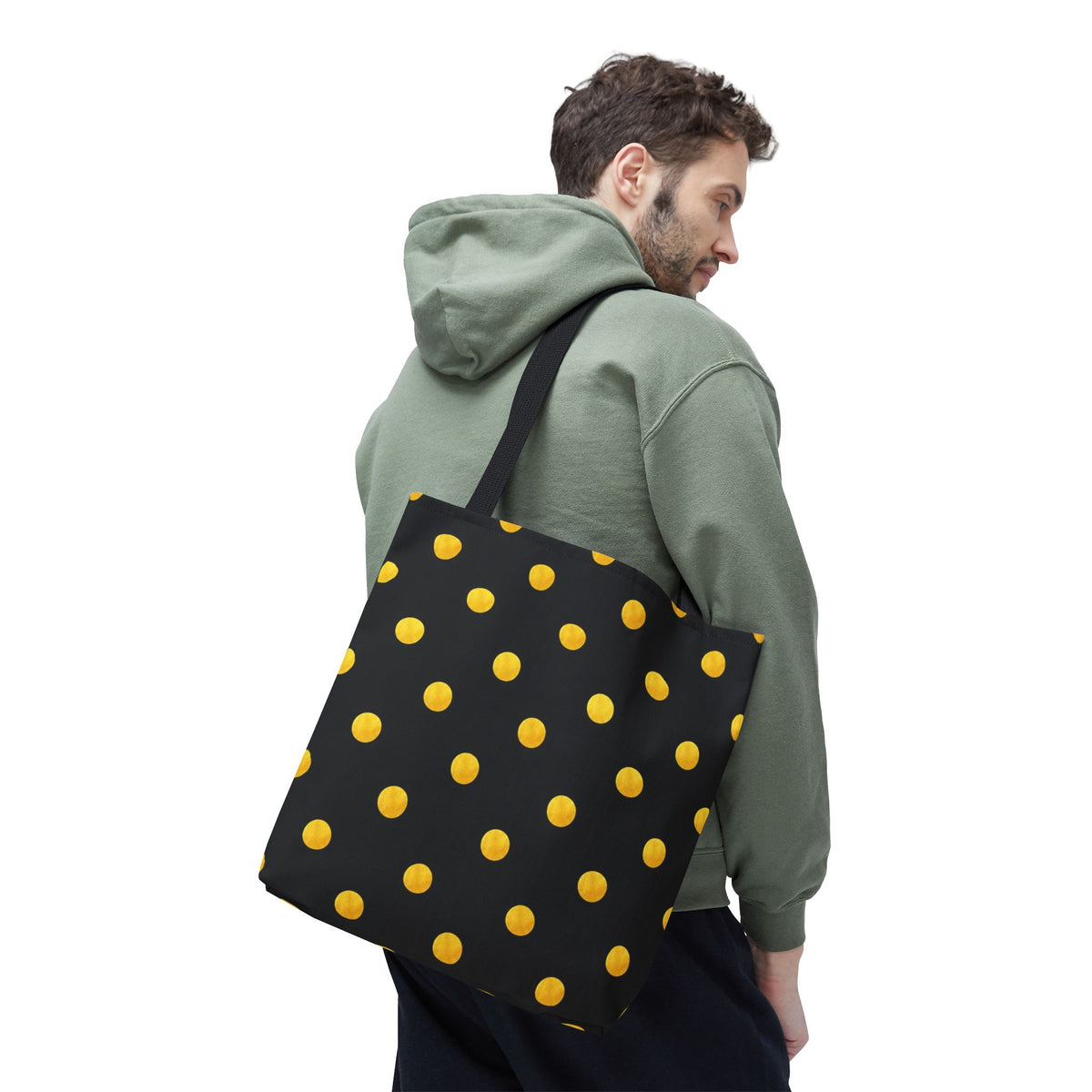 Gold Polka Dot Tote Bag | Black Background, Metallic Spot Pattern