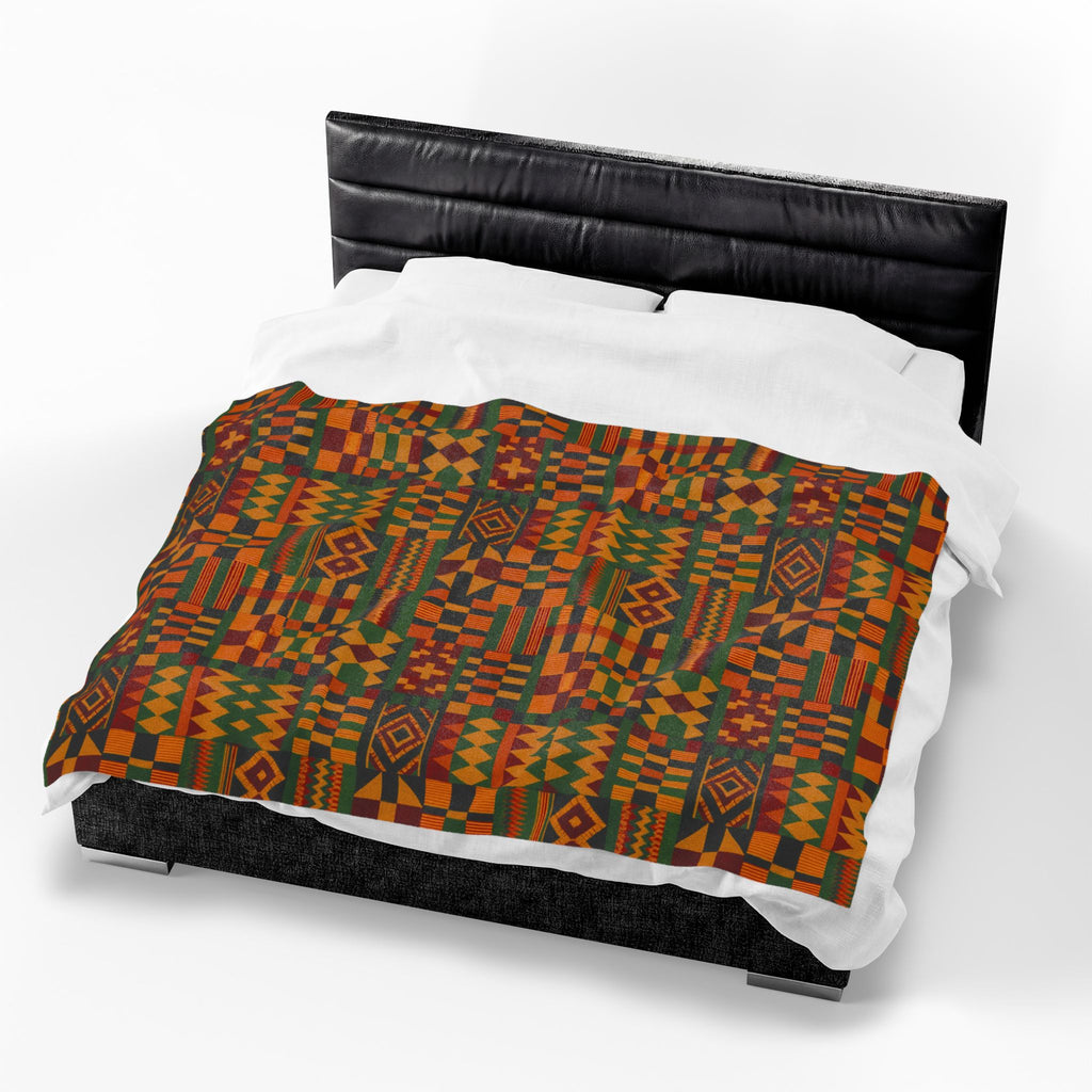 Kente Pattern Velveteen Plush Blanket | African Inspired Geometric Throw