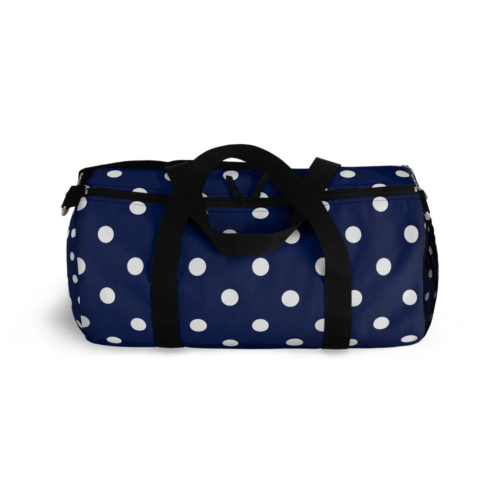 Navy Polka Dot Duffel Bag — Stylish Travel & Gym Tote