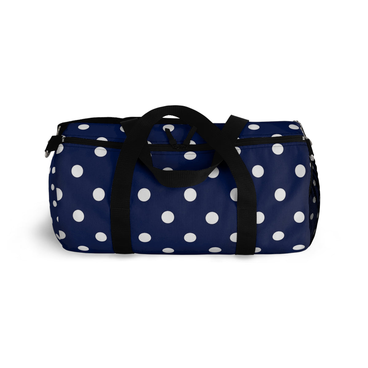 Navy Polka Dot Duffel Bag — Stylish Travel & Gym Tote