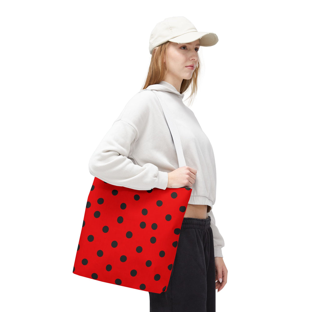 Black Polka Dot on Red Tote Bag