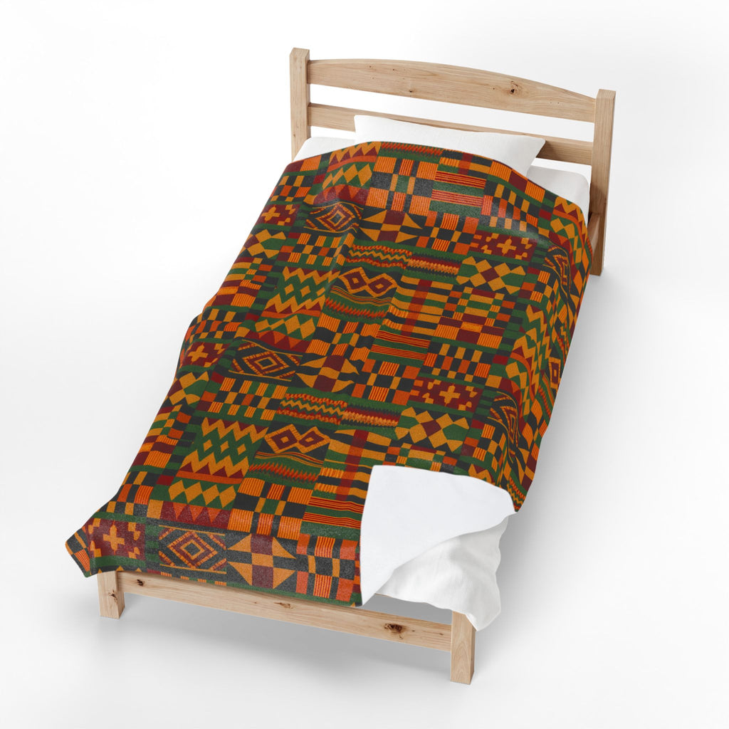 Kente Pattern Velveteen Plush Blanket | African Inspired Geometric Throw