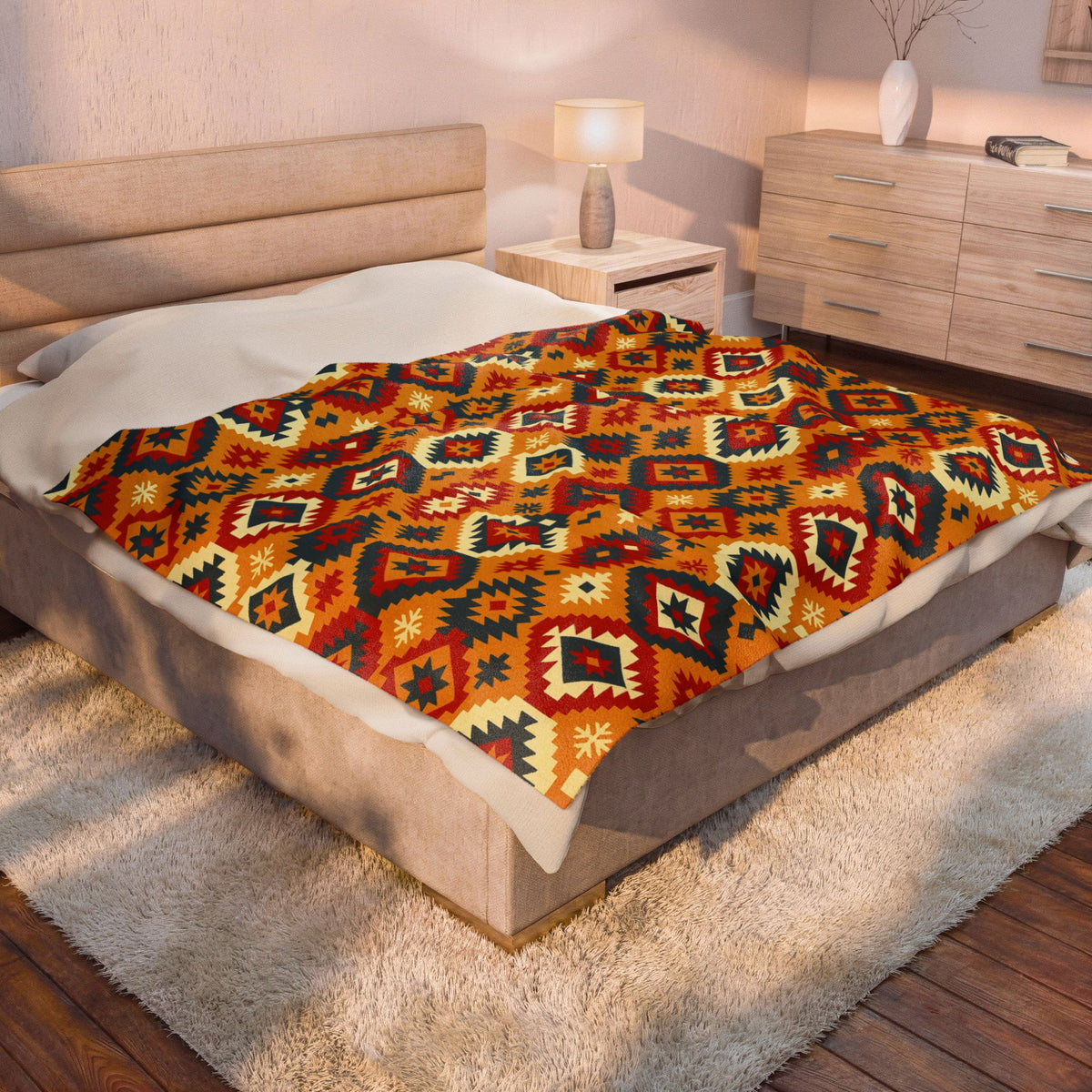 Southwestern Diamond Pattern Velveteen Plush Blanket | Aztec Geometric Throw