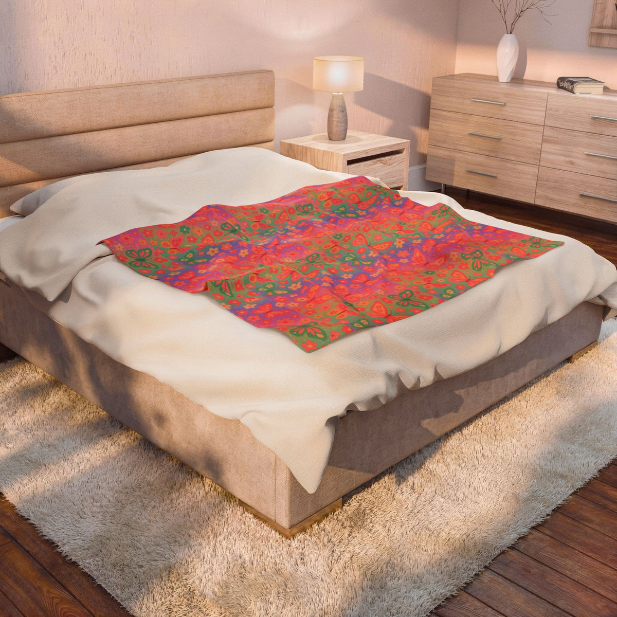 Butterfly Pattern Velveteen Plush Blanket | Pink Orange Floral Throw