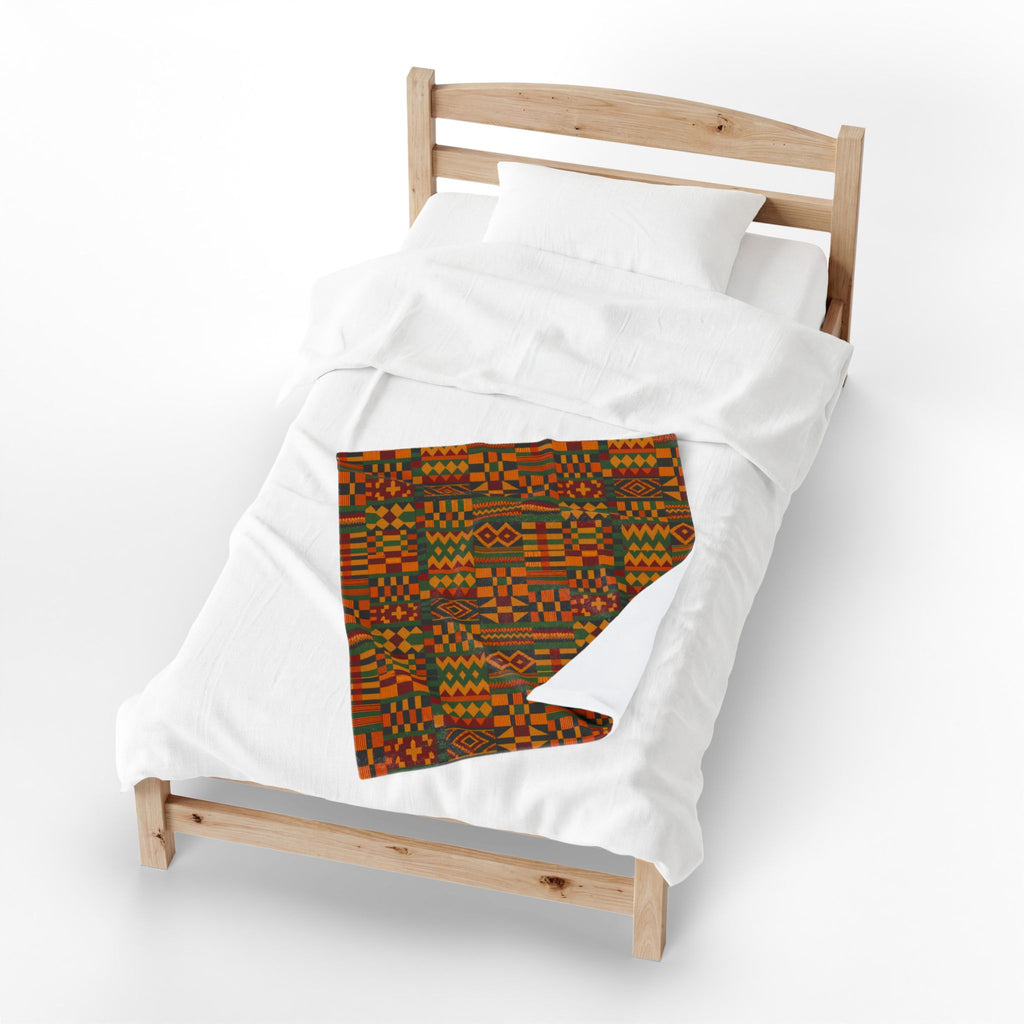 Kente Pattern Velveteen Plush Blanket | African Inspired Geometric Throw