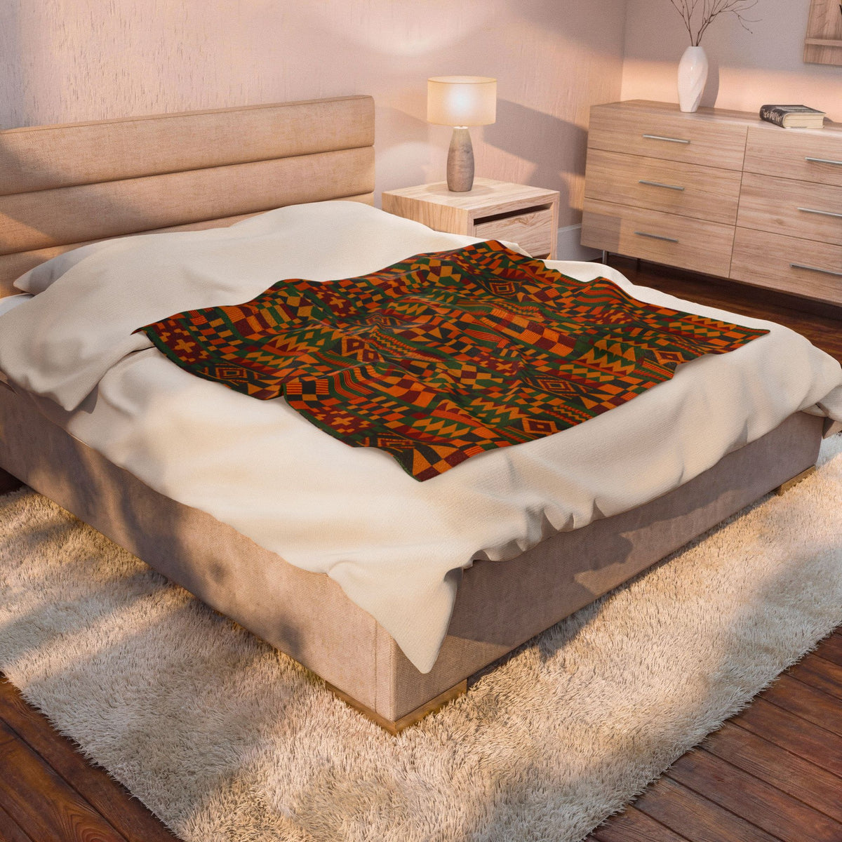 Kente Pattern Velveteen Plush Blanket | African Inspired Geometric Throw