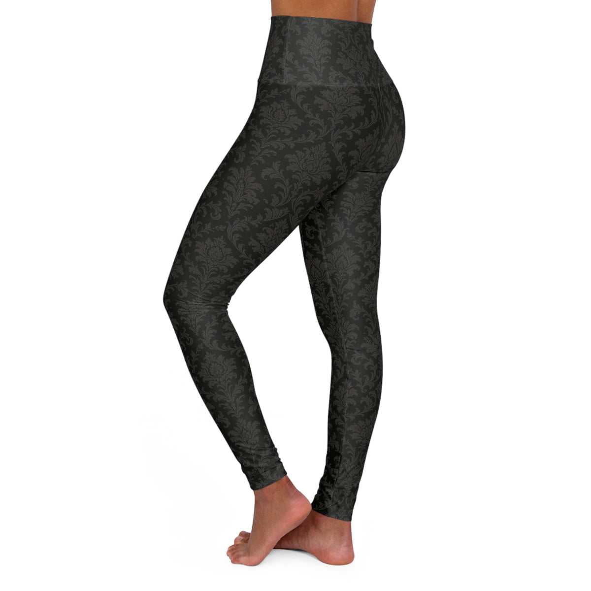 Black Damask Pattern High Waisted Yoga Leggings | All-Over Print