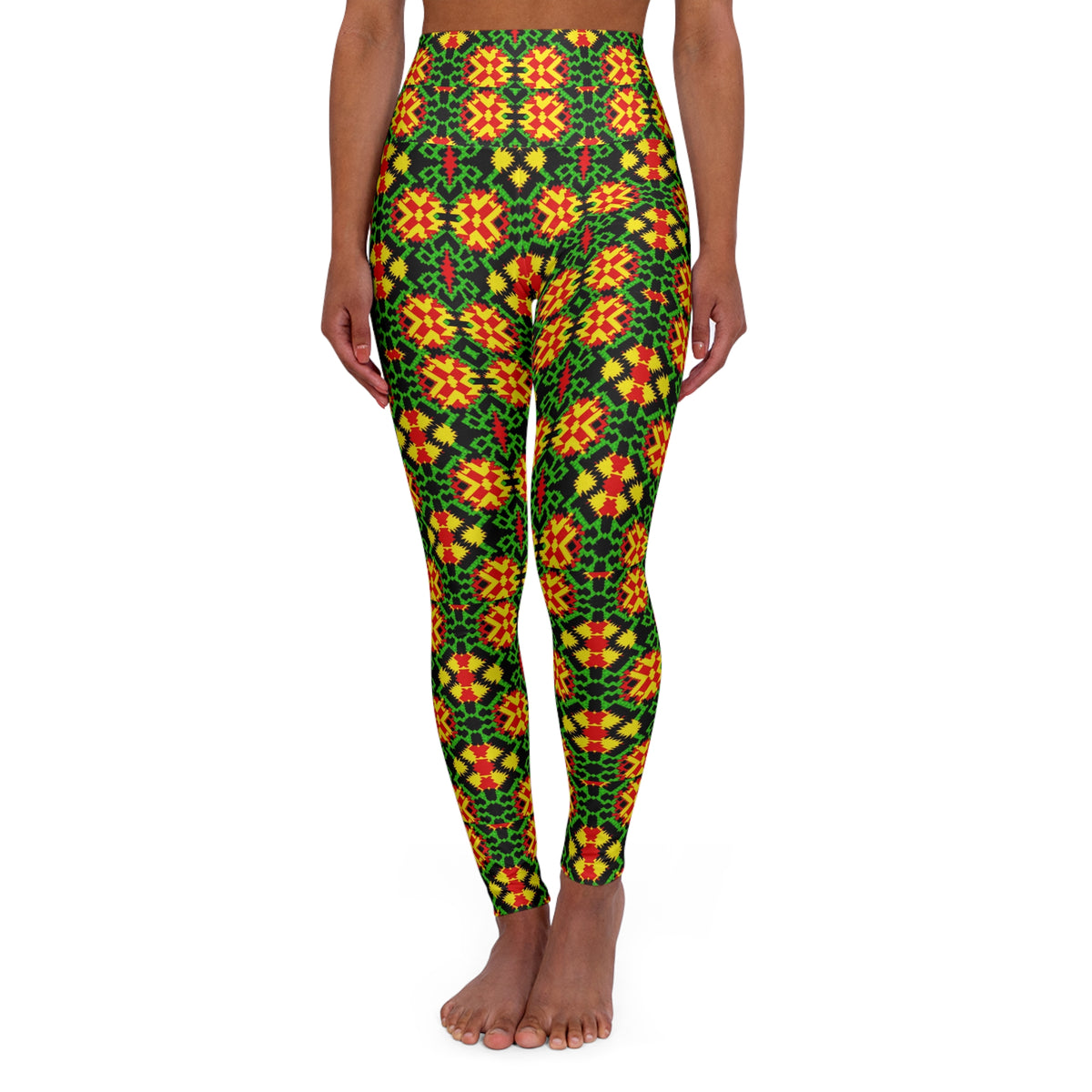 Green Geometric Floral Pattern Leggings | High Waisted Yoga Leggings