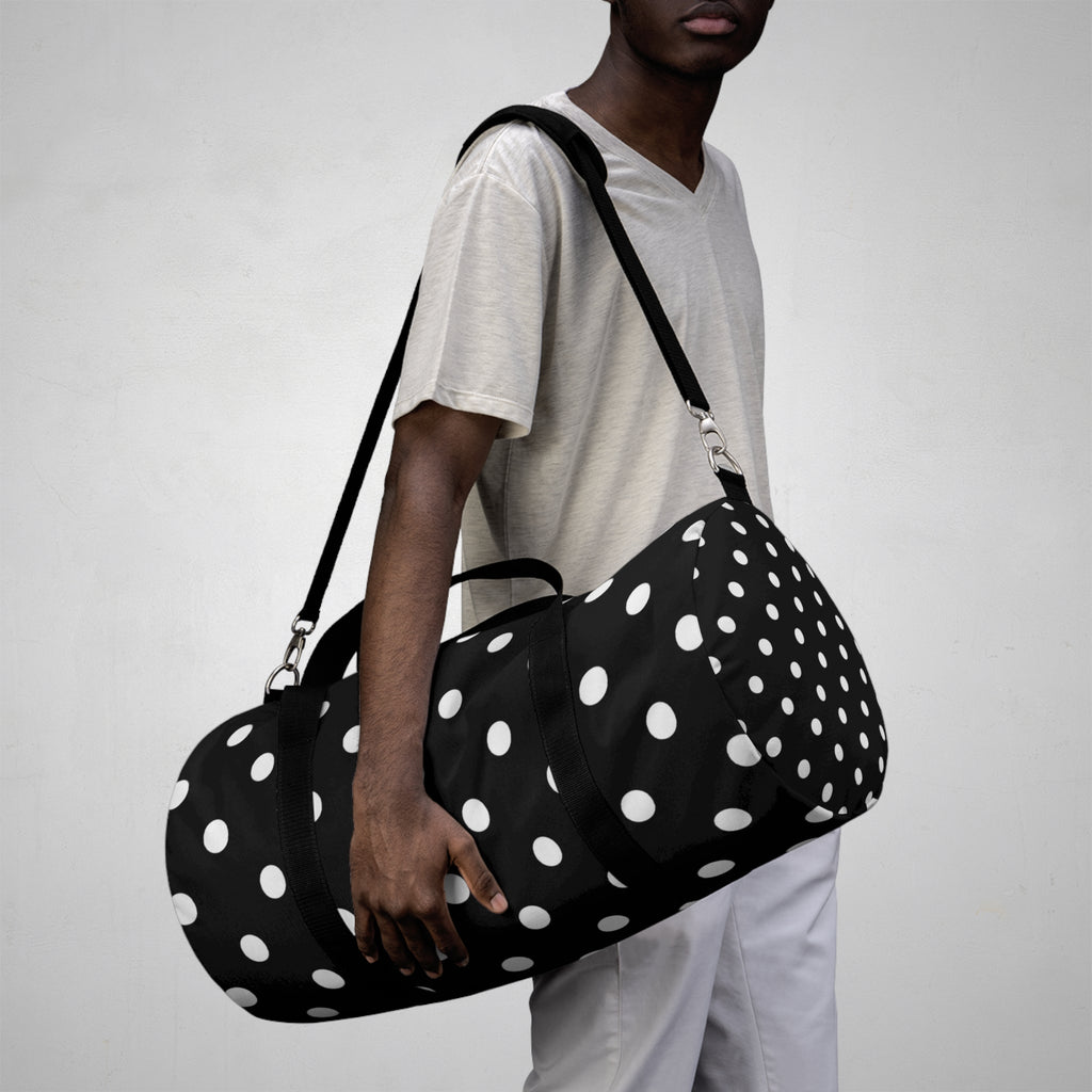 Black Polka Dot Duffel Bag — Classic Travel & Gym Tote
