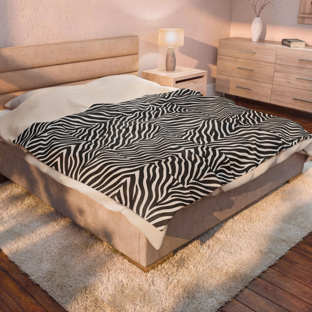 Zebra Stripe Pattern Velveteen Plush Blanket | Black White Animal Print