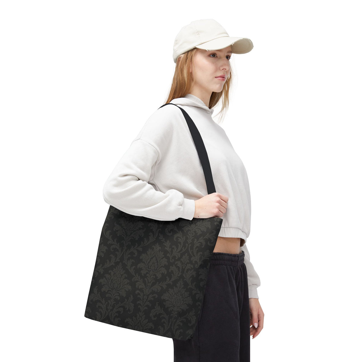 Dark Damask Pattern Tote Bag | Vintage Floral All-Over Print