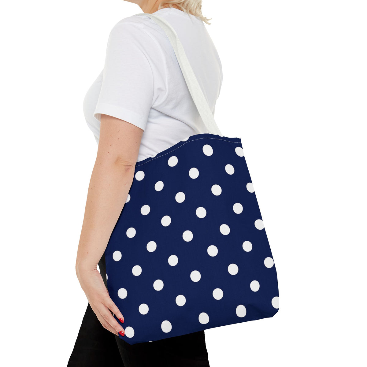 Navy Polka Dot Tote Bag | White Dots All Over Pattern