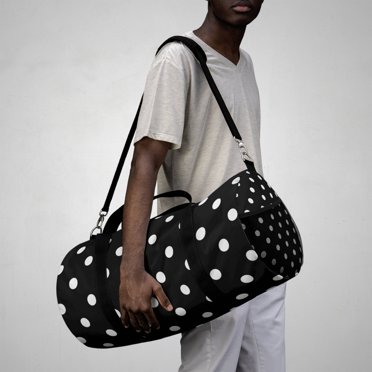 Black Polka Dot Duffel Bag — Classic Travel & Gym Tote