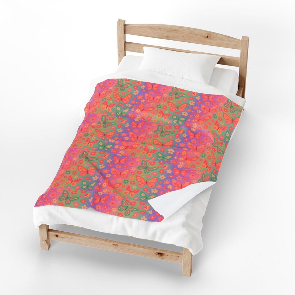 Butterfly Pattern Velveteen Plush Blanket | Pink Orange Floral Throw