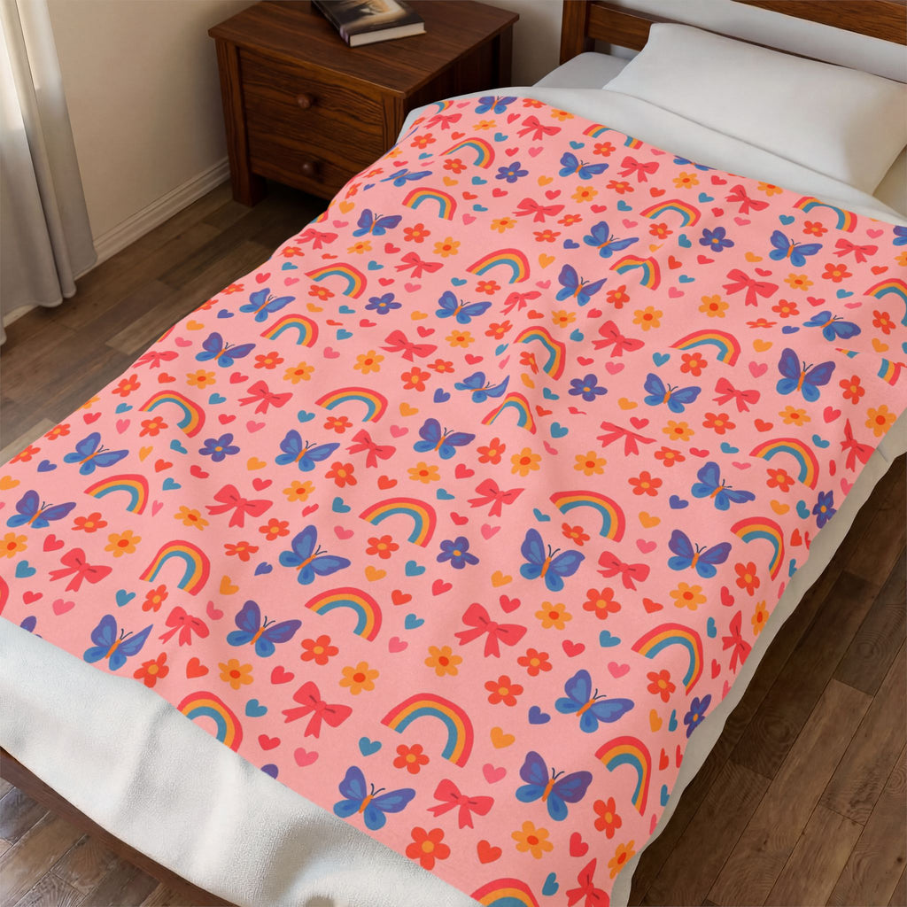 Rainbow and Butterfly Pattern Blanket | Pink Floral Rainbows, Cute Kids Throw