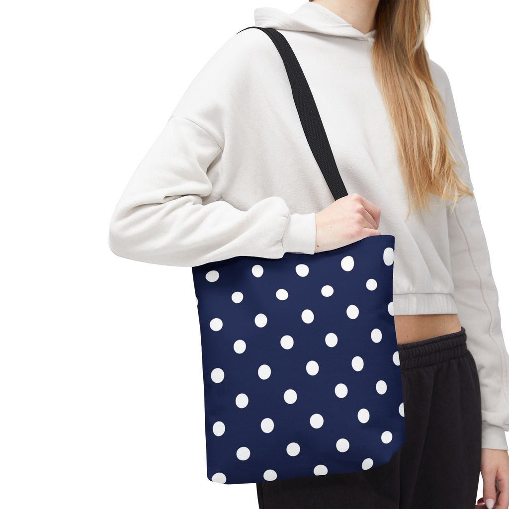 Navy Polka Dot Tote Bag | White Dots All Over Pattern