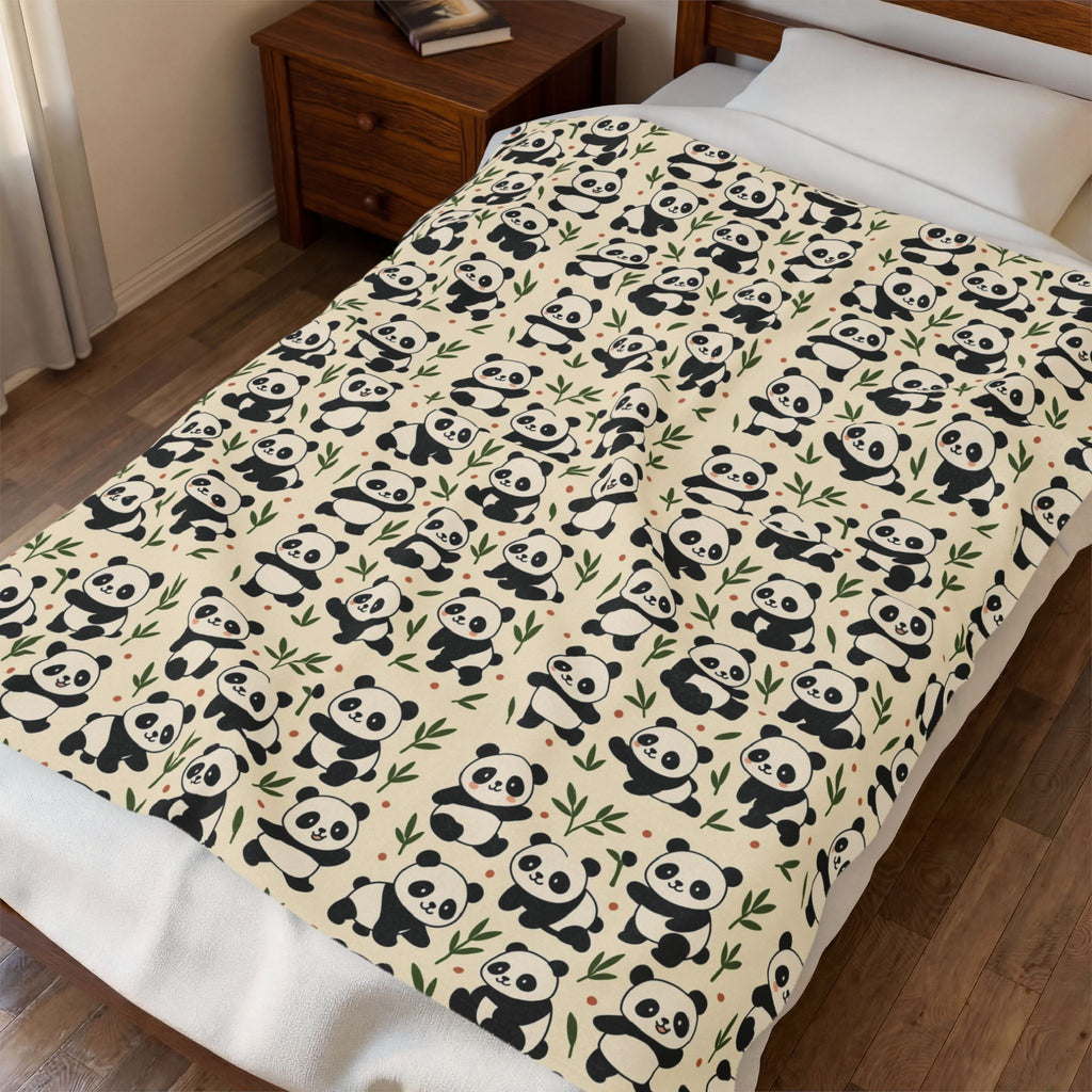 Panda Pattern Velveteen Plush Blanket | Cute Bamboo Bears, Repeating Design
