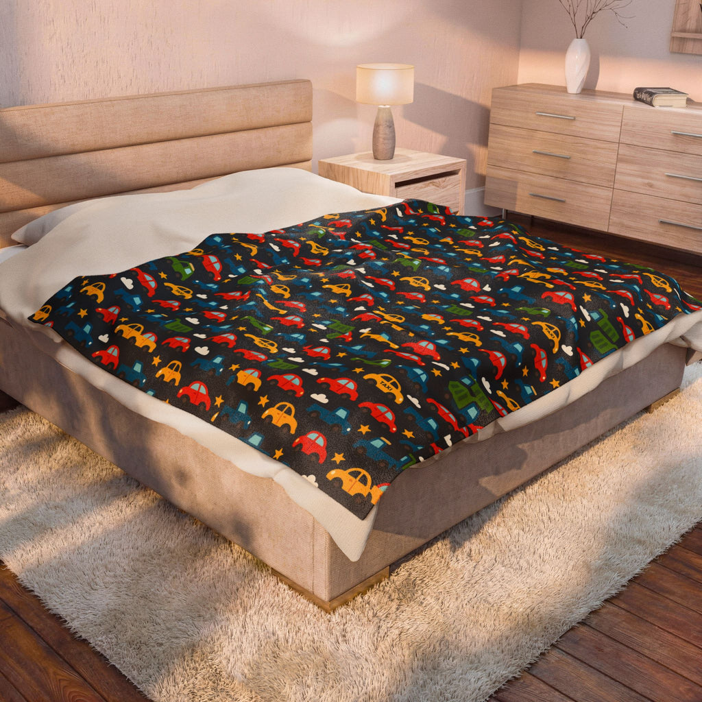 Colorful Cars Pattern Velveteen Plush Blanket | Kids Car Design, Cozy Throw