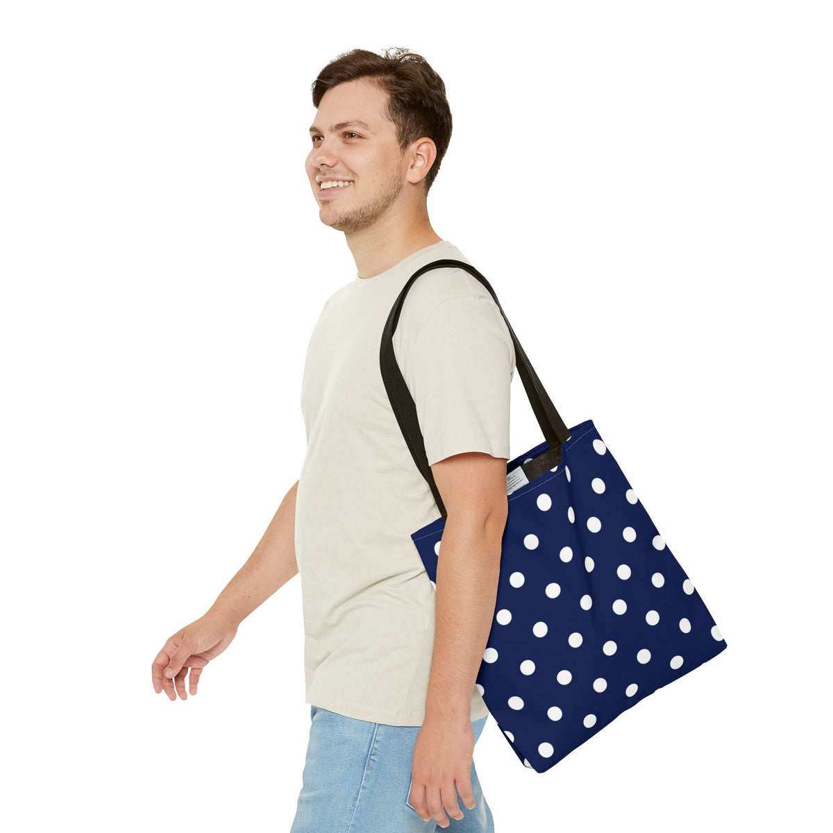 Navy Polka Dot Tote Bag | White Dots All Over Pattern