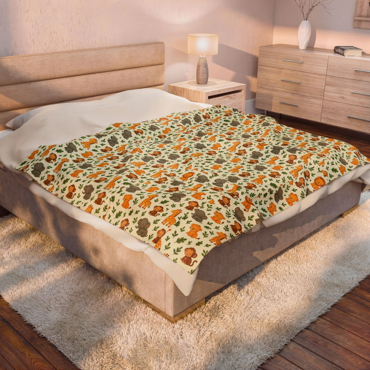 Autumn Woodland Animals Velveteen Plush Blanket | Fox & Mushroom Pattern