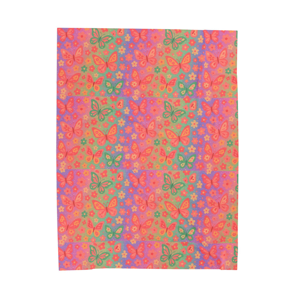 Butterfly Pattern Velveteen Plush Blanket | Pink Orange Floral Throw