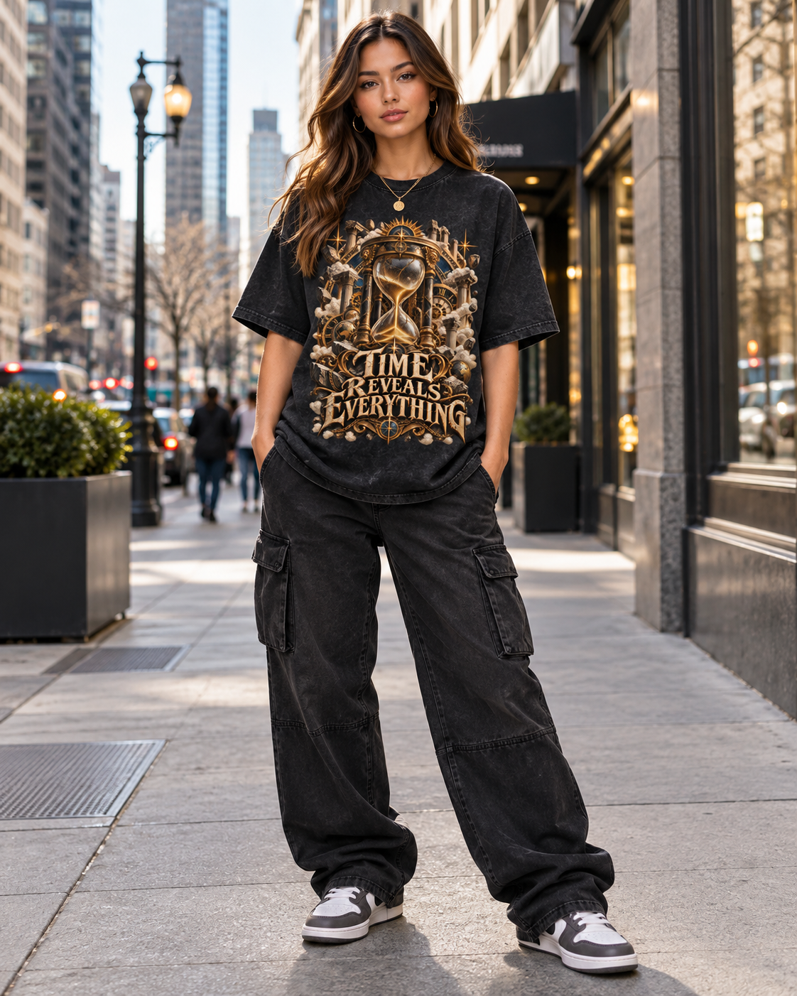 Time Reveals Everything - Snow Washed Oversized Cotton Graphic T-Shirt