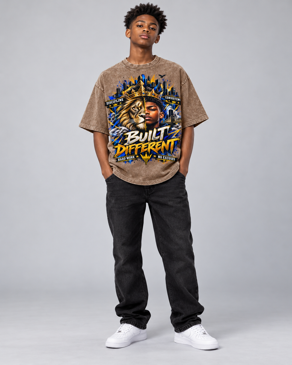 Kids & Teens Built Different: Crowned Duality Snow Washed Oversized Cotton T-Shirt