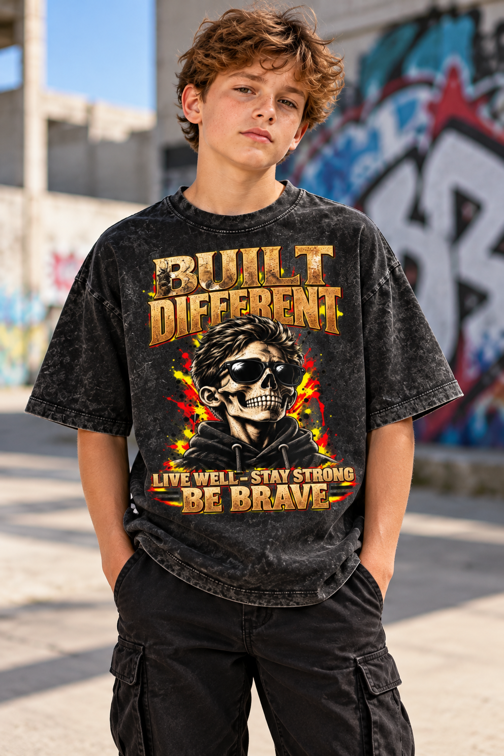 Kids & Teens Built Different: Live Well, Stay Strong, Be Brave Snow Washed Oversized Cotton T-Shirt