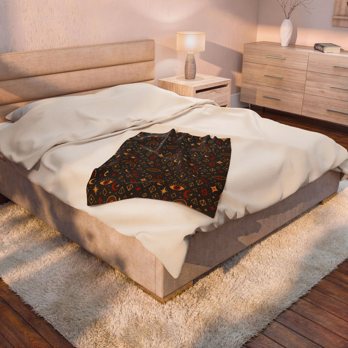Boho Mystic Eye Velveteen Blanket, Rainbow Arc Symbols, Soft Plush Throw, Cozy Bedding, Home Décor, Gift for Her