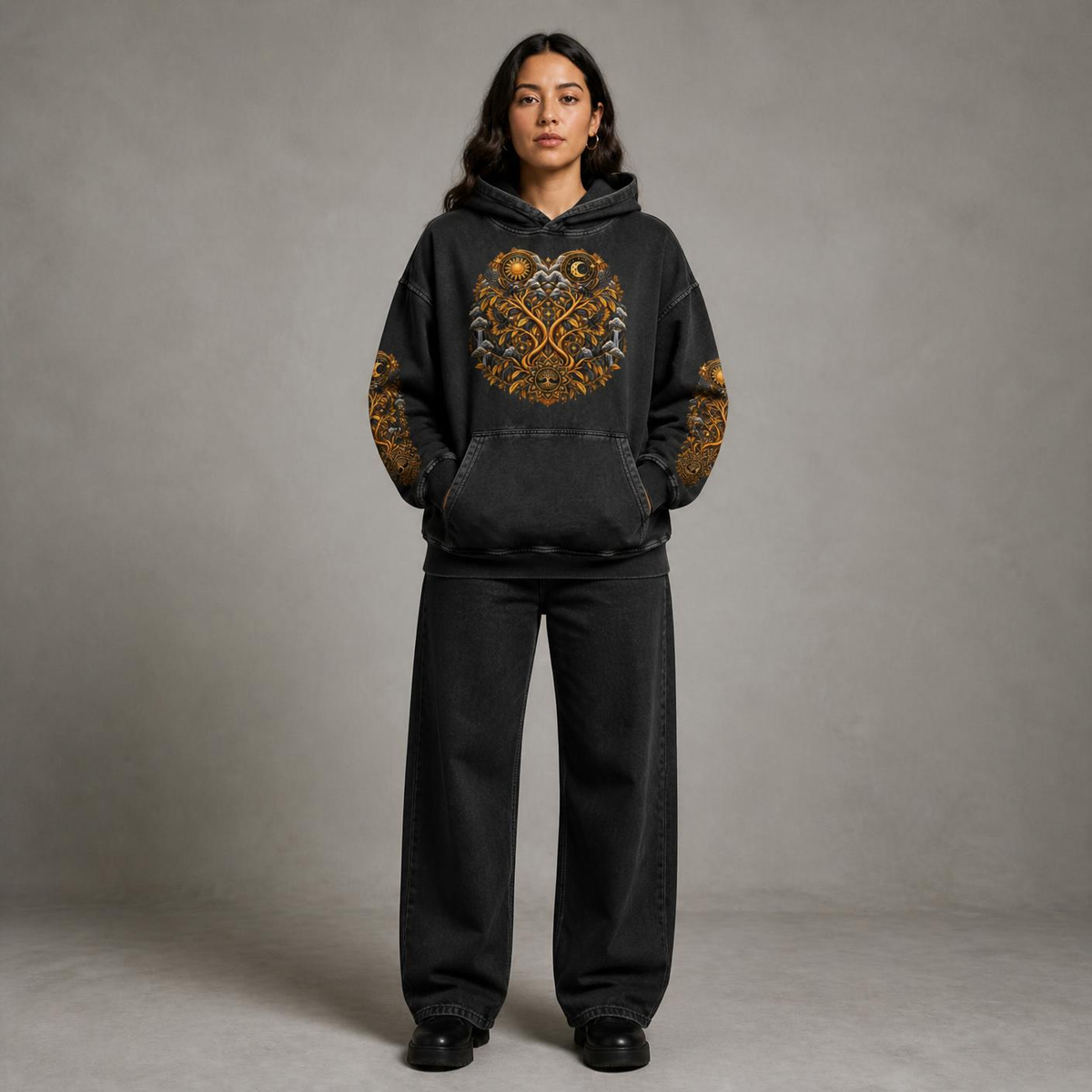 Unified Celestial Tree Snow Washed Loose Cotton Hoodie